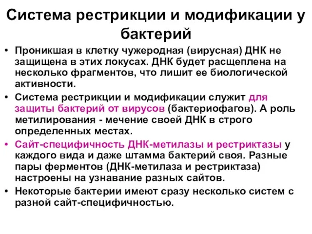 Система рестрикции и модификации у бактерий Проникшая в клетку чужеродная (вирусная) ДНК