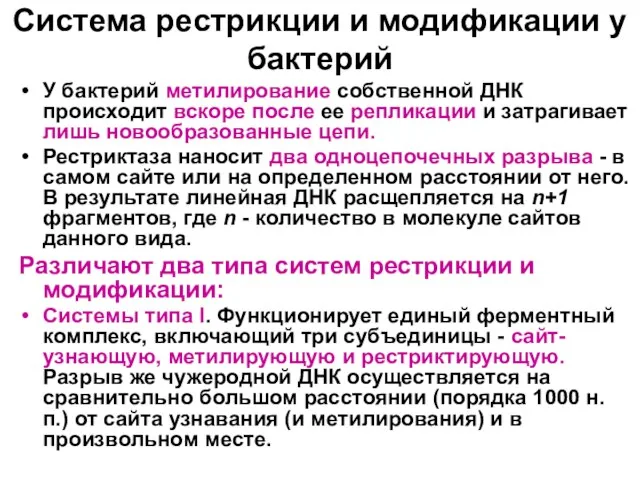 Система рестрикции и модификации у бактерий У бактерий метилирование собственной ДНК происходит