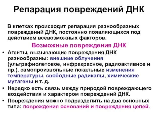 Репарация повреждений ДНК В клетках происходит репарация разнообразных повреждений ДНК, постоянно появляющихся