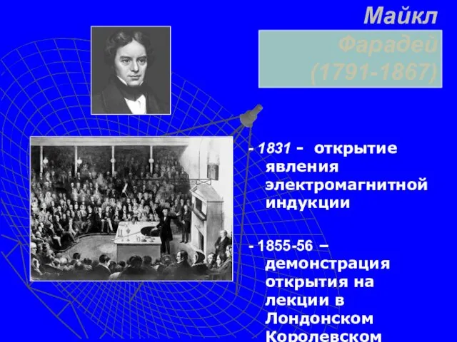 Майкл Фарадей (1791-1867) - 1831 - открытие явления электромагнитной индукции - 1855-56