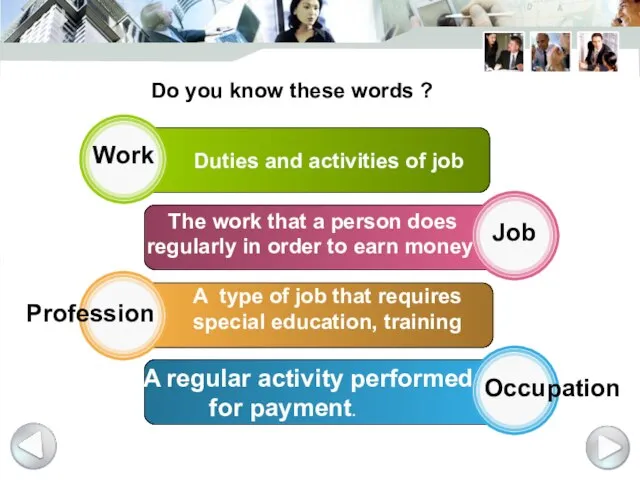 Work Job Profession Occupation Duties and activities of job The work that