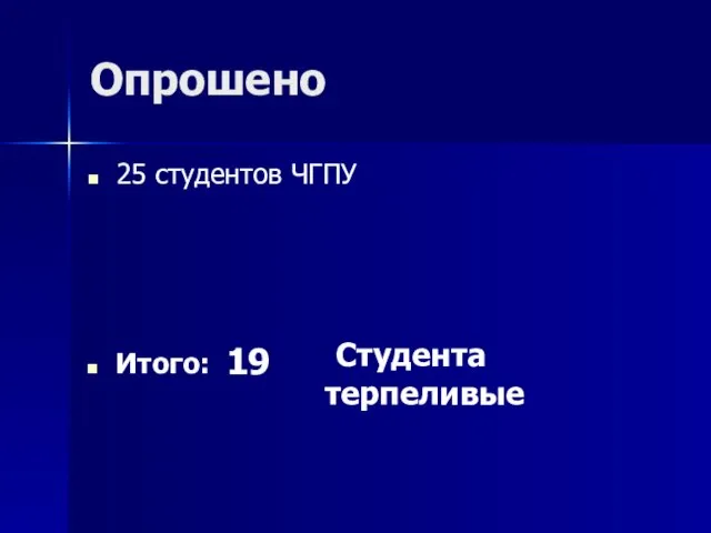 Опрошено 25 студентов ЧГПУ Итого: 19 Студента терпеливые