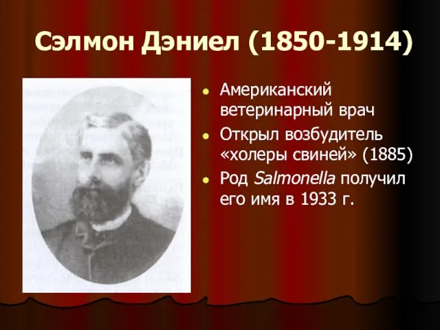 Сэлмон Дэниел (1850-1914) Американский ветеринарный врач Открыл возбудитель «холеры свиней» (1885) Род