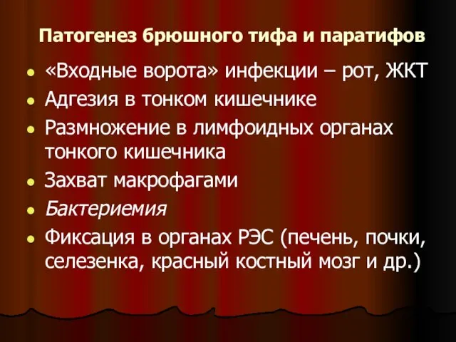 Патогенез брюшного тифа и паратифов «Входные ворота» инфекции – рот, ЖКТ Адгезия