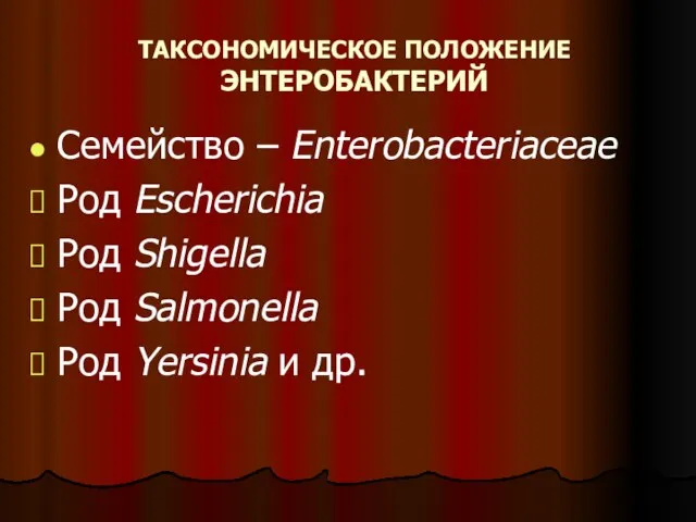 ТАКСОНОМИЧЕСКОЕ ПОЛОЖЕНИЕ ЭНТЕРОБАКТЕРИЙ Семейство – Enterobacteriaceae Род Escherichia Род Shigella Род Salmonella Род Yersinia и др.