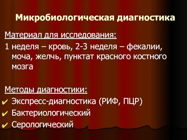 Микробиологическая диагностика Материал для исследования: 1 неделя – кровь, 2-3 неделя –