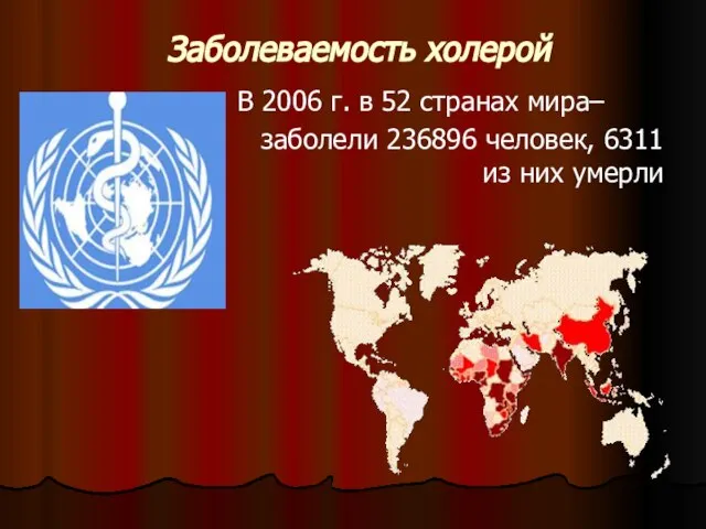 Заболеваемость холерой В 2006 г. в 52 странах мира– заболели 236896 человек, 6311 из них умерли