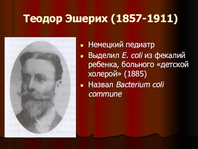 Теодор Эшерих (1857-1911) Немецкий педиатр Выделил E. coli из фекалий ребенка, больного