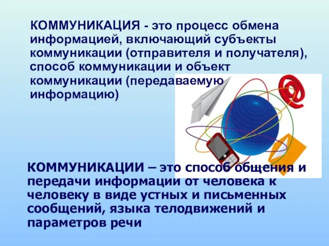 КОММУНИКАЦИИ – это способ общения и передачи информации от человека к человеку