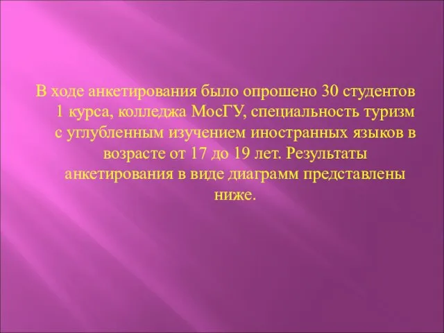 В ходе анкетирования было опрошено 30 студентов 1 курса, колледжа МосГУ, специальность