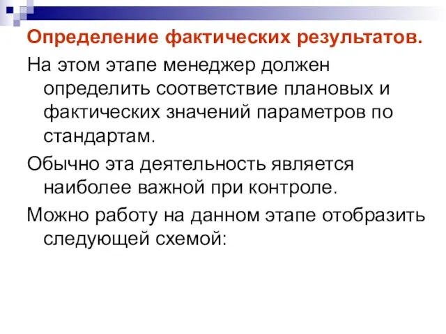 Определение фактических результатов. На этом этапе менеджер должен определить соответствие плановых и