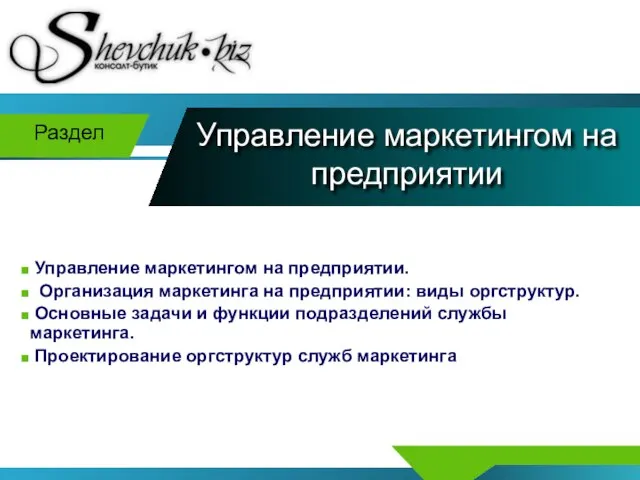 Управление маркетингом на предприятии Раздел Управление маркетингом на предприятии. Организация маркетинга на