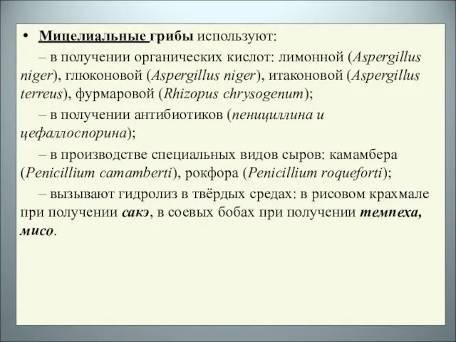 Мицелиальные грибы используют: – в получении органических кислот: лимонной (Aspergillus niger), глюконовой