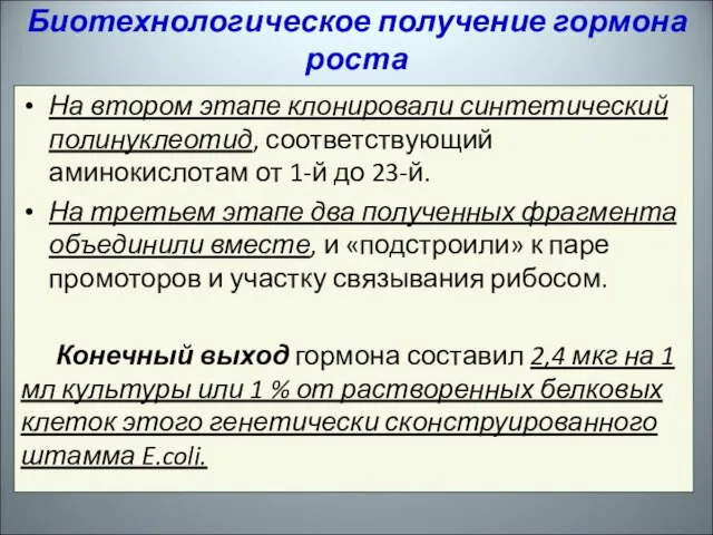 На втором этапе клонировали синтетический полинуклеотид, соответствующий аминокислотам от 1-й до 23-й.