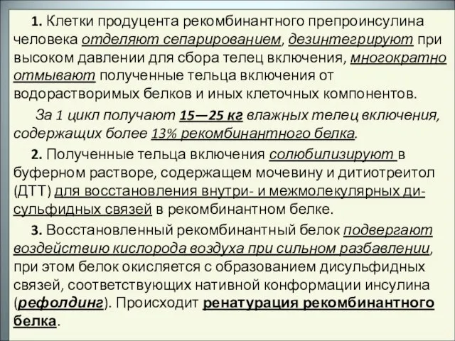 1. Клетки продуцента рекомбинантного препроинсулина человека отделяют сепарированием, дезинтегрируют при высоком давлении