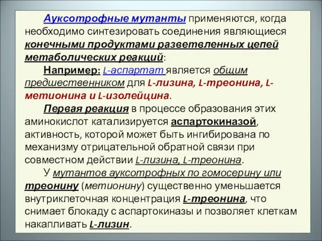 Ауксотрофные мутанты применяются, когда необходимо синтезировать соединения являющиеся конечными продуктами разветвленных цепей