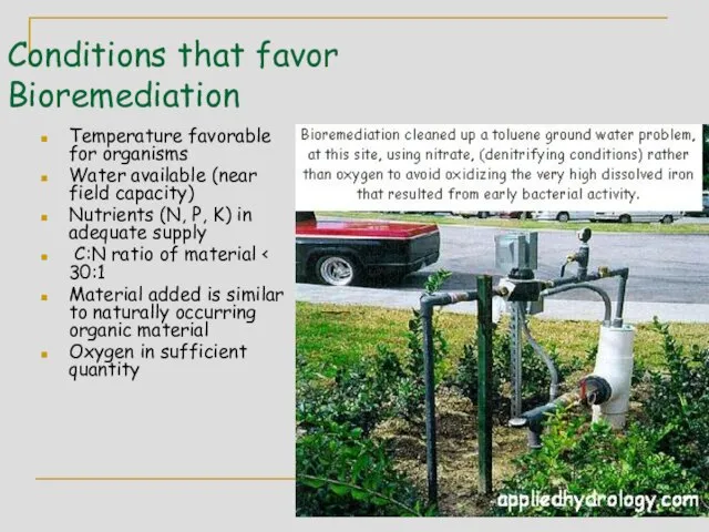 Conditions that favor Bioremediation Temperature favorable for organisms Water available (near field