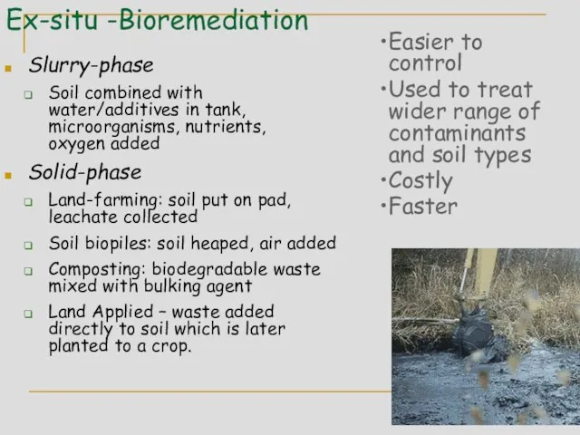 Ex-situ -Bioremediation Slurry-phase Soil combined with water/additives in tank, microorganisms, nutrients, oxygen