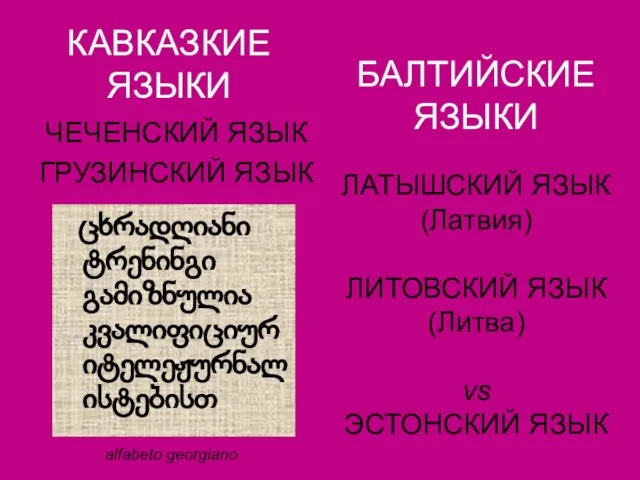 КАВКАЗКИЕ ЯЗЫКИ ЧЕЧЕНСКИЙ ЯЗЫК ГРУЗИНСКИЙ ЯЗЫК ცხრადღიანი ტრენინგი გამიზნულია კვალიფიციურიტელეჟურნალისტებისთ alfabeto georgiano