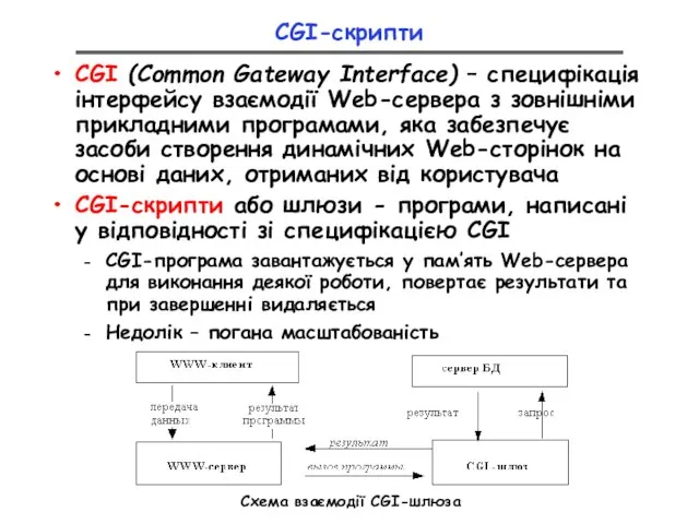 CGI-скрипти CGI (Common Gateway Interface) – специфікація інтерфейсу взаємодії Web-сервера з зовнішніми