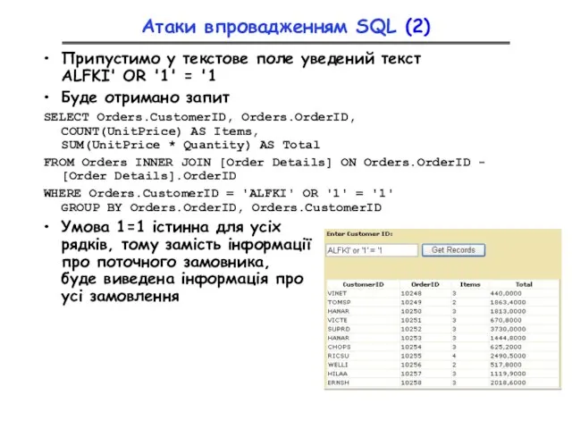 Атаки впровадженням SQL (2) Припустимо у текстове поле уведений текст ALFKI' OR