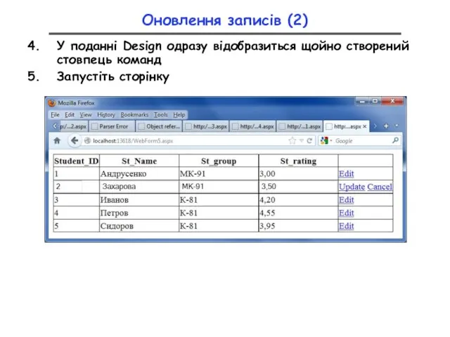 Оновлення записів (2) У поданні Design одразу відобразиться щойно створений стовпець команд Запустіть сторінку