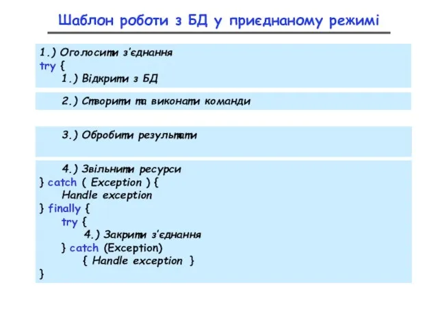 Шаблон роботи з БД у приєднаному режимі 1.) Оголосити з’єднання try {