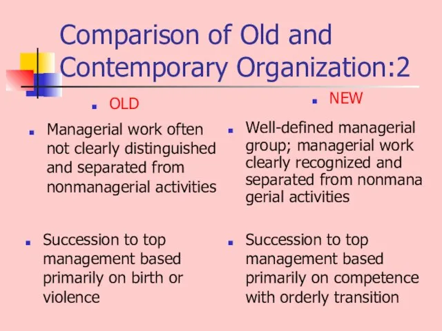 Comparison of Old and Contemporary Organization:2 Managerial work often not clearly distinguished