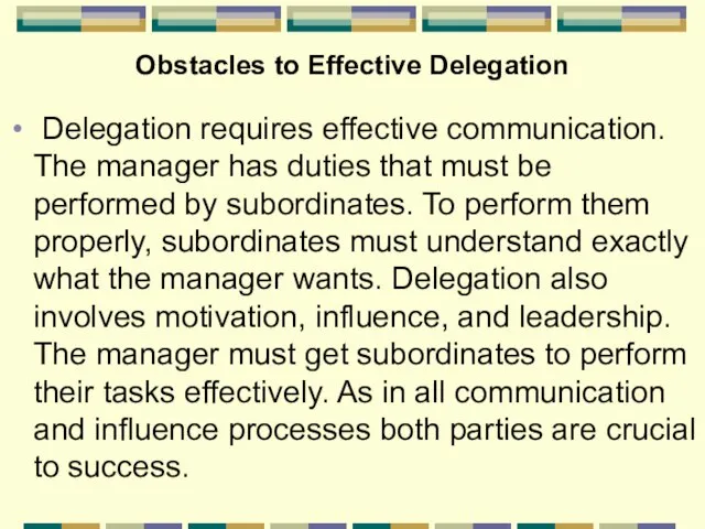 Obstacles to Effective Delegation Delegation requires effective communication. The manager has duties