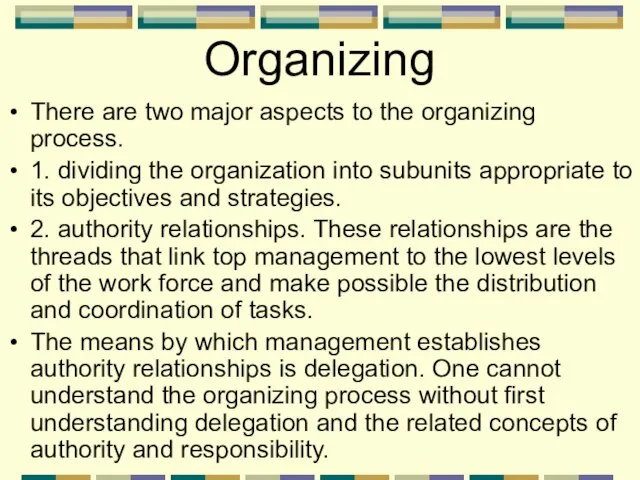 Organizing There are two major aspects to the organizing process. 1. dividing