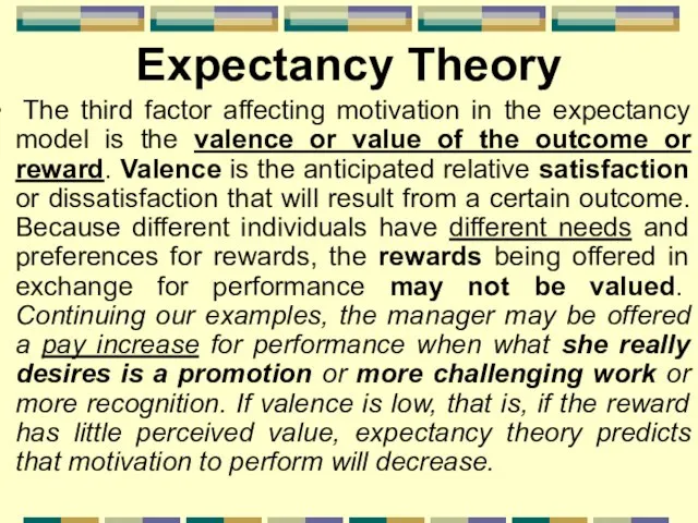 Expectancy Theory The third factor affecting motivation in the expectancy model is