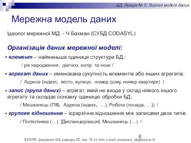 Ідеолог мережної МД - Ч.Бахман (СУБД CODASYL) Організація даних мережної моделі: елемент