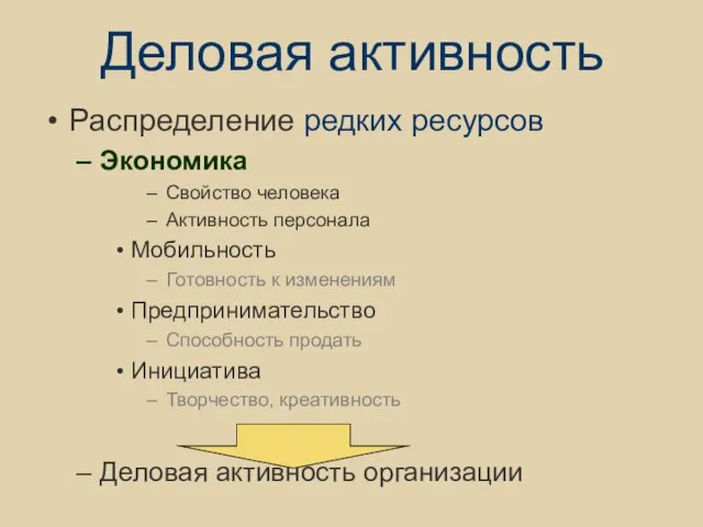 Деловая активность Распределение редких ресурсов Экономика Свойство человека Активность персонала Мобильность Готовность