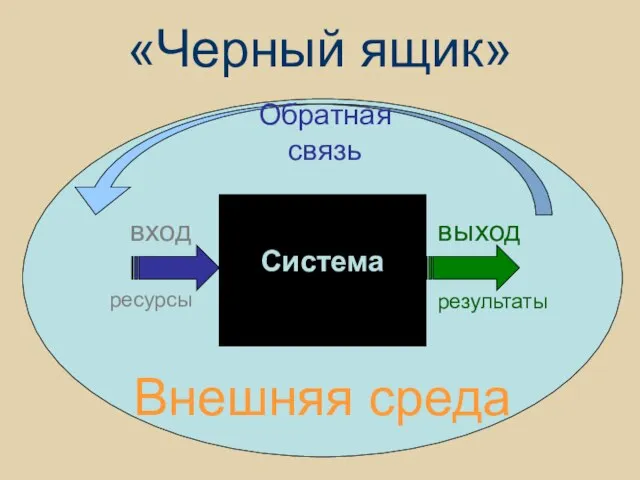 «Черный ящик» Система Внешняя среда вход выход ресурсы результаты Обратная связь