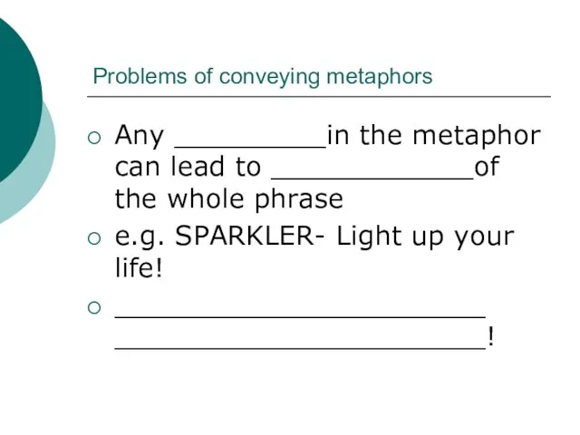Problems of conveying metaphors Any _________in the metaphor can lead to ____________of