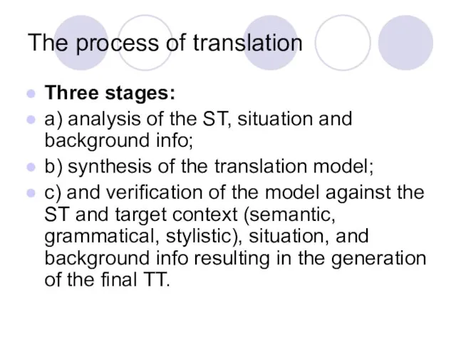 The process of translation Three stages: a) analysis of the ST, situation