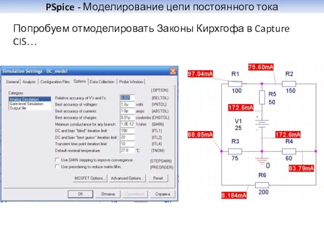 PSpice - Моделирование цепи постоянного тока Попробуем отмоделировать Законы Кирхгофа в Capture CIS…