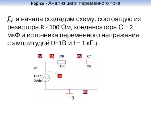 PSpice - Анализ цепи переменного тока Для начала создадим схему, состоящую из