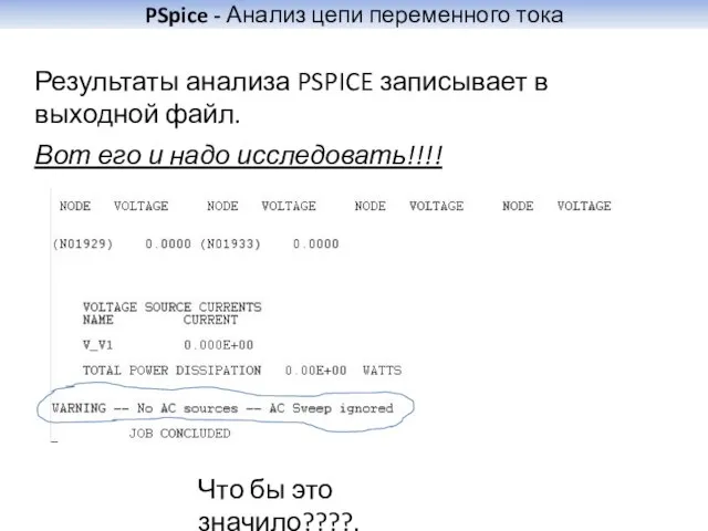 PSpice - Анализ цепи переменного тока Результаты анализа PSPICE записывает в выходной
