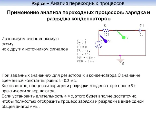 PSpice – Анализ переходных процессов Применение анализа переходных процессов: зарядка и разрядка