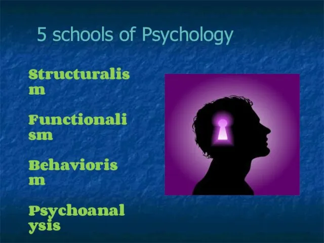 5 schools of Psychology Structuralism Functionalism Behaviorism Psychoanalysis Gestalt