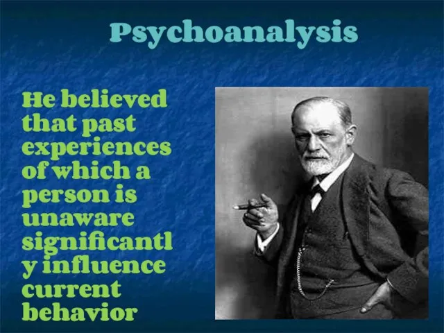 Psychoanalysis He believed that past experiences of which a person is unaware significantly influence current behavior