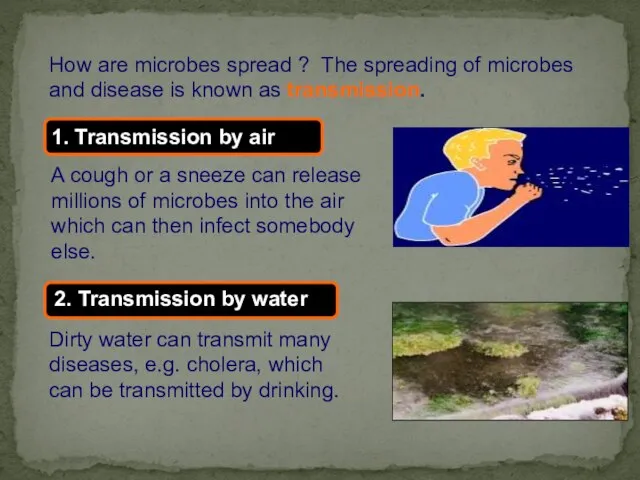 How are microbes spread ? The spreading of microbes and disease is known as transmission.