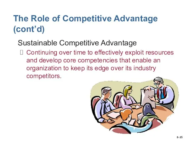 8– The Role of Competitive Advantage (cont’d) Sustainable Competitive Advantage Continuing over