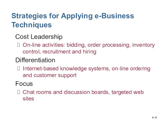 8– Strategies for Applying e-Business Techniques Cost Leadership On-line activities: bidding, order