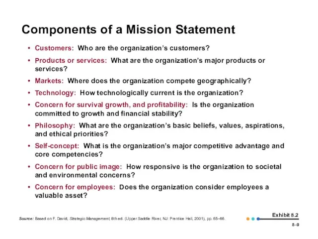 8– Exhibit 8.2 Components of a Mission Statement Customers: Who are the