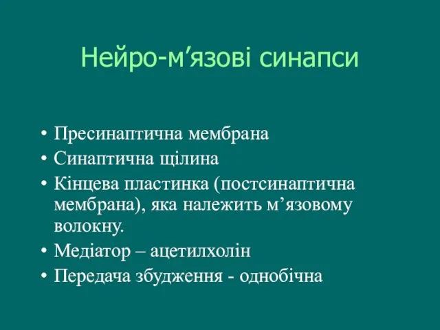 Нейро-м’язові синапси Пресинаптична мембрана Синаптична щілина Кінцева пластинка (постсинаптична мембрана), яка належить