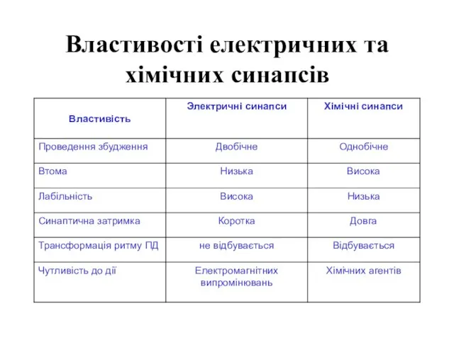 Властивості електричних та хімічних синапсів