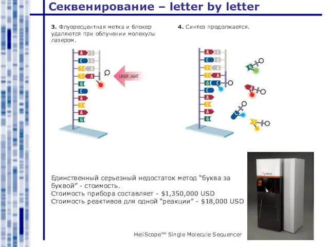 Секвенирование – letter by letter 3. Флуоресцентная метка и блокер удаляются при