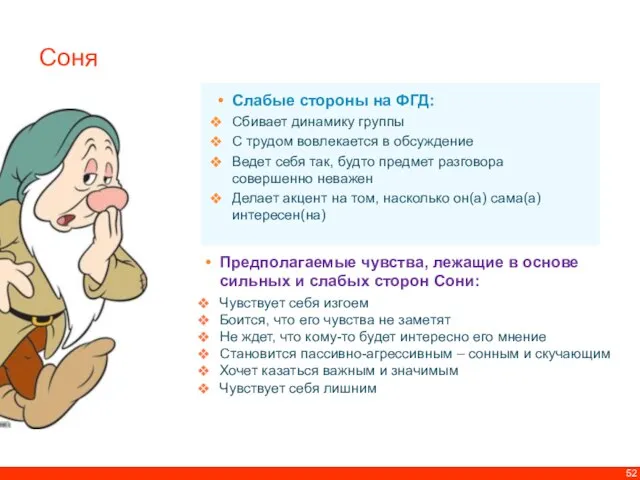 Соня Слабые стороны на ФГД: Сбивает динамику группы С трудом вовлекается в